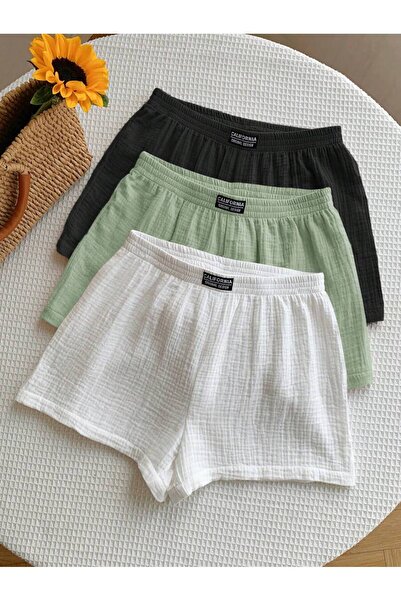 MOONBULL Kadın California Etiket Detaylı Bürümcük Kumaş Rahat Kesim 3'lü Şort