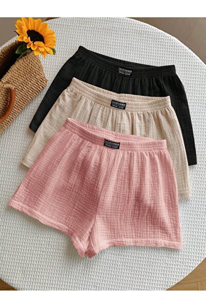 MOONBULL Kadın California Etiket Detaylı Bürümcük Kumaş Rahat Kesim 3'lü Şort