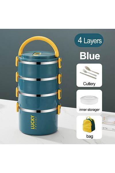 AYB Lucky 4 Layer Blue Stainless Steel Food Tupperware Thermos Carrying Bag and Fork Spoon Set