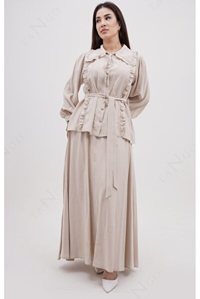 dayen giyim Açık Bej Modal Kumaş Bluz Etek Takım Yaka Yanları Büzgü Detaylı