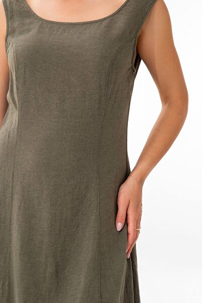 Fashion Showcase Καλοκαιρινό λινό φόρεμα με λουράκι μέσης με κορδόνια χακί