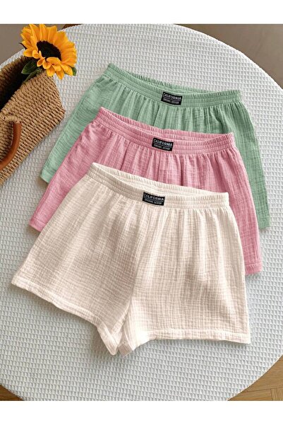 MOONBULL Kadın California Etiket Detaylı Bürümcük Kumaş Rahat Kesim 3'lü Şort