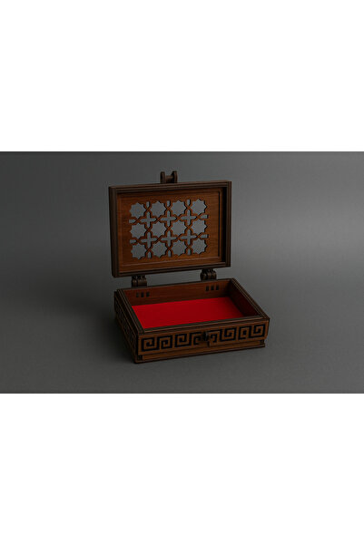PANELVANKİT Lazer Kesim Ahşap Takı Kutusu – Geometrik Motifli, Kırmızı Kadife...