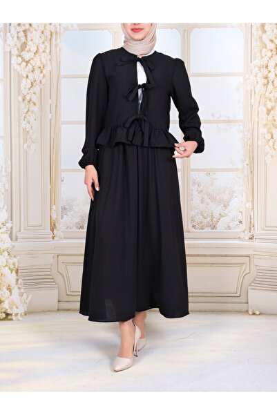 Modamorfo Lace-Up Front Sleeve Elastic Skirt Suit - Black