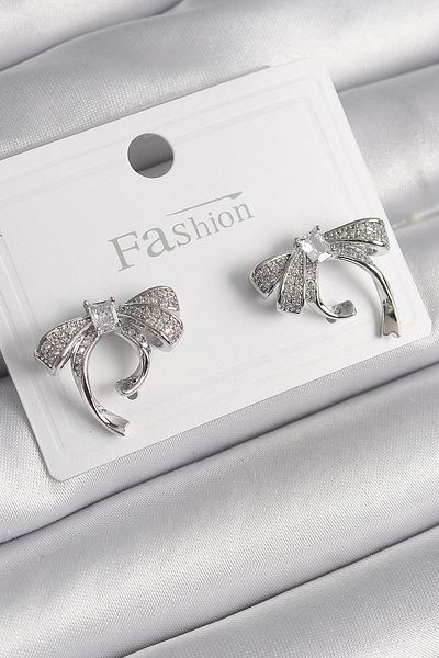 Clariss Brass Silver Color Zircon Stone Bow Model Women's Earrings