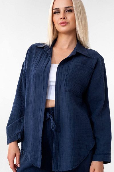 Fashion Showcase Cămașă de muselină 100% bumbac cu o singură buzunar Albastru bleumarin