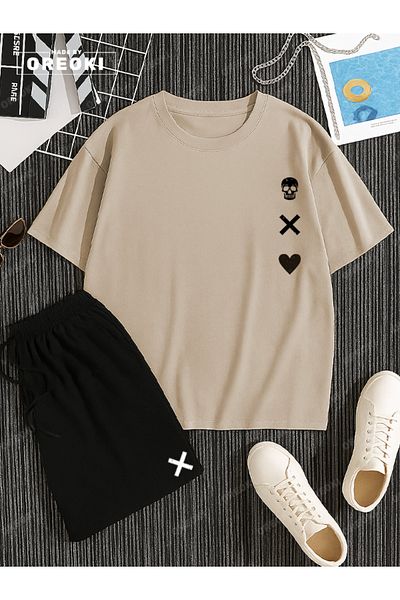EFFRENATU Love, Death Printed Cotton Unisex Beige T-Shirt-Black Shorts Set