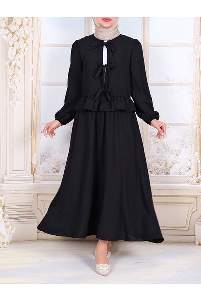Modamorfo Lace-Up Front Sleeve Elastic Skirt Suit - Black