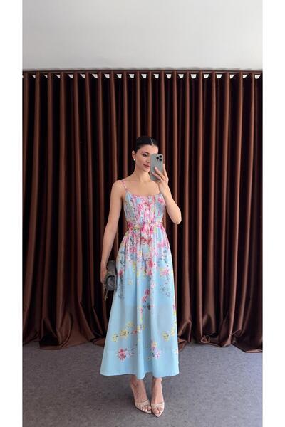 HAZELANNA فستان أزرق مطرز