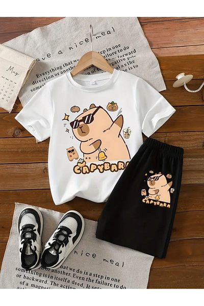 buendiakids Girl'S\Boy's White-Black Cool Capybara Printed Combed Cotton Shorts-Tshirt Set