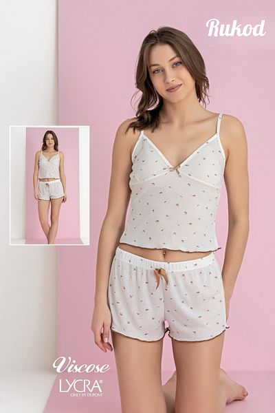 RUKOD Women's Bow White Color Floral Patterned Pinterest Thread Strap Ruffle Shorts Pajamas Set