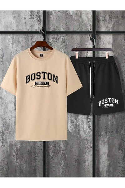 PENTHİLUS Men's Short Sleeve T-Shirt and Shorts Set, Letter Print
