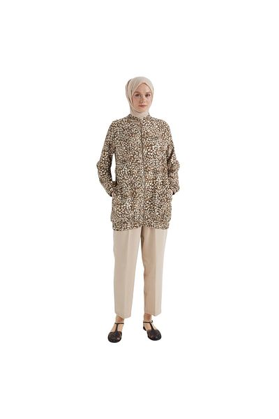 Armine Women's Brown Jacket with Elastic Hem and Zipper 25Yt529