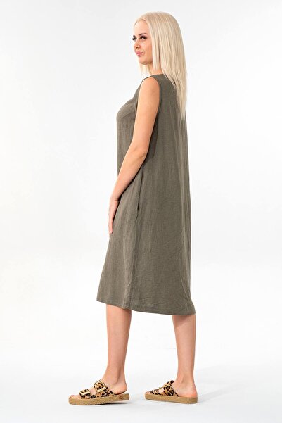 Fashion Showcase Καλοκαιρινό λινό φόρεμα με χοντρό λουράκι πλαϊνή τσέπη Χακί