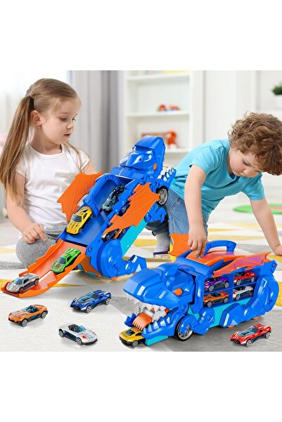 Vinnatsu Dinosaur Transport Truck Toy with 4 Die-cast Cars, Race Track Truck for Kids Ages 3-7