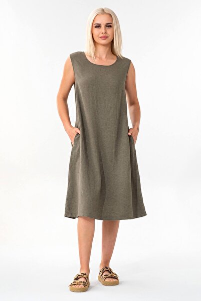 Fashion Showcase Καλοκαιρινό λινό φόρεμα με χοντρό λουράκι πλαϊνή τσέπη Χακί