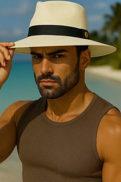 LAGRANZE Summer Men's Black Ribbon Banded Straw Fedora Hat