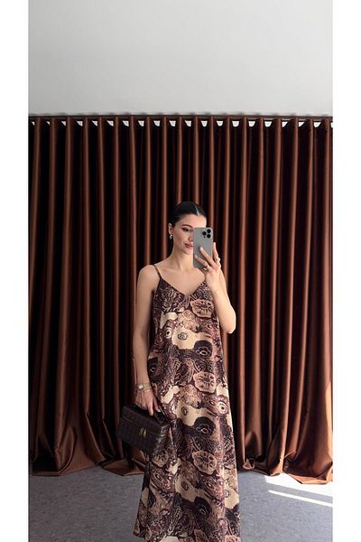 HAZELANNA Brown Patterned Dress with Straps