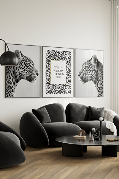 Home Διακόσμηση τοίχου σαλονιού 3 τεμαχίων ασπρόμαυρο, τσίτα, χρυσή λεπτομέρε...