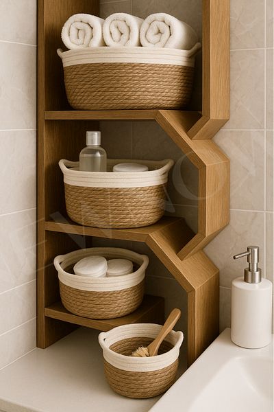 NEWNOW Ecoblend Set of 4 Handmade Jute and Cotton Baskets - Natural, Handles, Round, Organizer Basket
