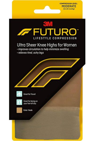 FUTURO Ultra Sheer Knee Highs for Women - Nude, Large, Moderate Compression Pantyhose