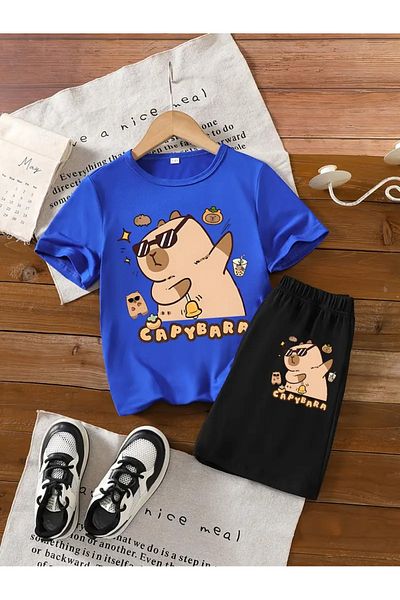 buendiakids Girl'S\Boy's Sax Blue-Black Cool Capybara Printed Combed Cotton Shorts-Tshirt Set