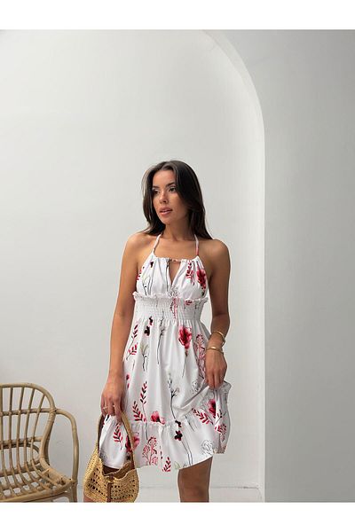 Jeevee Red Floral Patterned Halter Neck Gathered Mini Dress