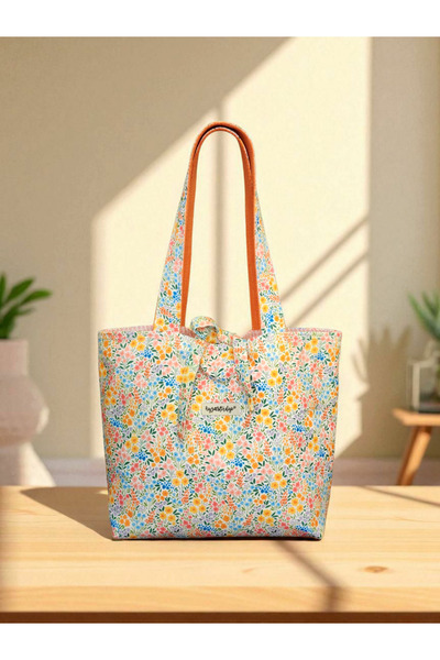 Ayza Stüdyo Minik Çiçek Desenli Tote Çanta - Tote Bag - Günlük Omuz Çantası 42x31 Cm