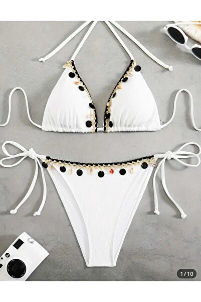 İthal Triangular White Bikini Set with Sequin Details