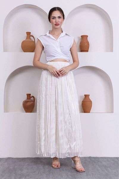 lodmela Crinkle Detailed Skirt 6034-Cream