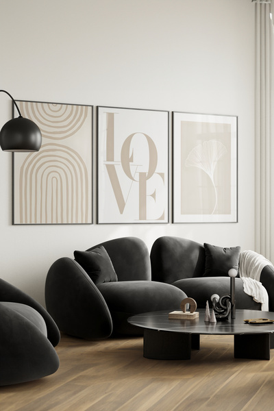 Home 3'lü Krem Rengi, Oturma Odası Dekoru, Salon Dekoru, Mutfak Dekoru Çerçevesiz Poster