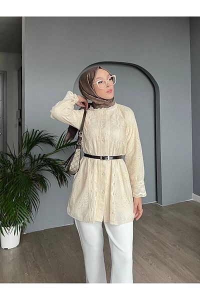 Modamorfo Lace Collar and Sleeves Ball Button Lined Shirt - Beige