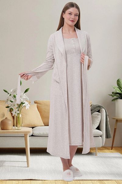 Mecit Pijama Guipure Detailed Short Sleeve Maternity 2-Piece Nightgown Set with Morning Cap 75% Cotton 25% Viscose