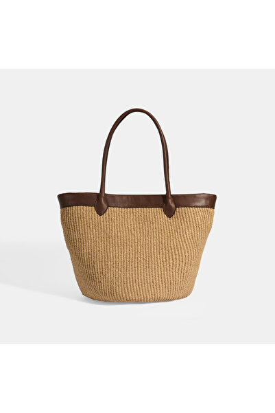 Desa Women's Brown Floral Detailed Straw Shoulder Bag