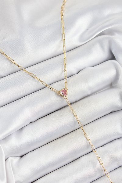 BESKAR Brass Zircon Stone Pink Heart Figured Y Model Gold Color Women's Necklace