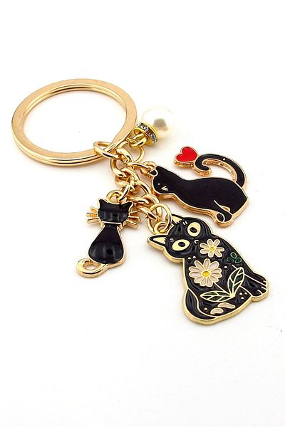 Solfera Black Cats Heart & Pearl Ball Dangle Metal Keychain Bag Ornament Charm Kc388