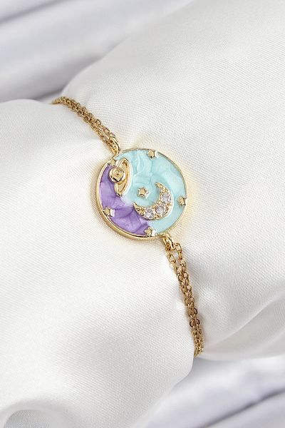 BESKAR 316L Steel Chain Enameled Artistic Portrait Zircon Stone Planet Model Gold Color Women's Bracelet