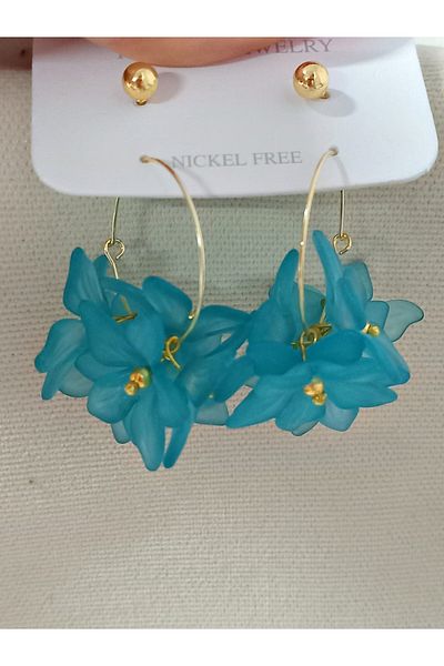 mos&more 4 Pieces Blue Flower Gold Hoop Women's Earrings