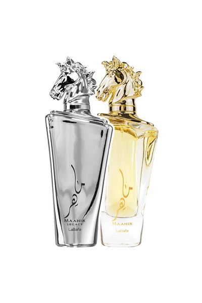 lattafa Pack of 2 perfumes, Maahir Legacy 100 ml and Maahir Gold 100 ml