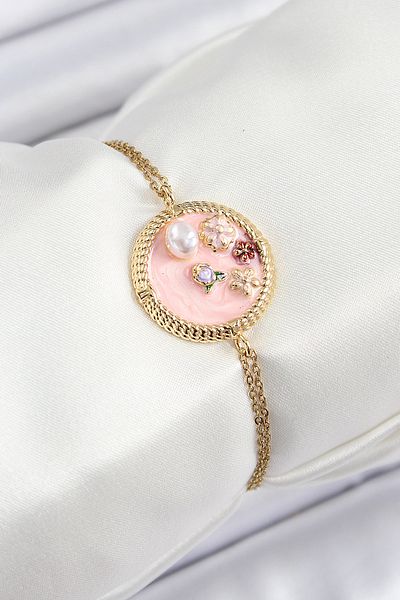 BESKAR 316L Steel Chain Pink Enamel Artistic Portrait Pearl Detailed Flower Model Gold Color Women's Bracelet