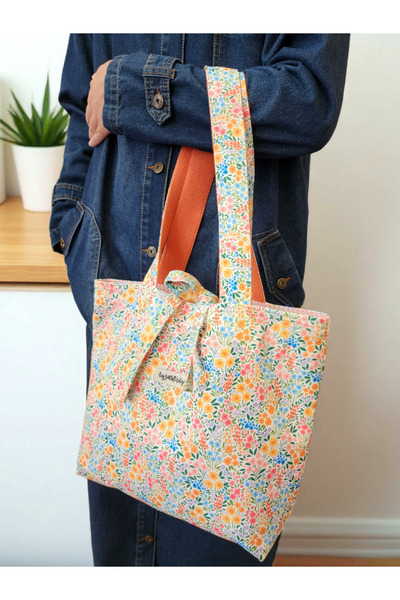 Ayza Stüdyo Minik Çiçek Desenli Tote Çanta - Tote Bag - Günlük Omuz Çantası 42x31 Cm