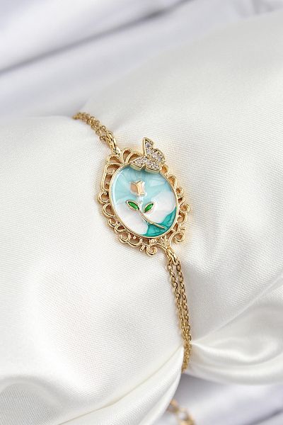 BESKAR 316L Steel Chain Enameled Artistic Portrait Zircon Stone Butterfly Detailed Flower Model Gold Color Women
