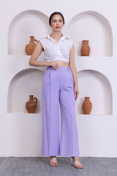 lodmela Accessory Detailed Elastic Waist Palazzo Trousers 516-Lilac