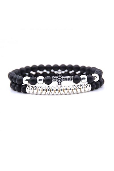 Tessero Set of two elastic bracelets made of stone, matte onyx, cross model plated with black zircon