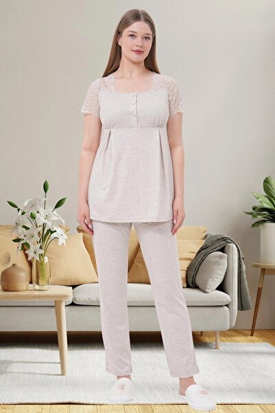 Mecit Pijama Kadın Kısa Kollu Güpür Detaylı Sabahlıklı Gecelik Pijama 4'Lü Lohusa Set %75 Pamuk %25 Viskon