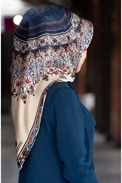Vissona 100% Twill Silk Shawl με σχέδιο Navy Blue Χρώμα 90x90 Φουλάρι Σχήμα ρ...