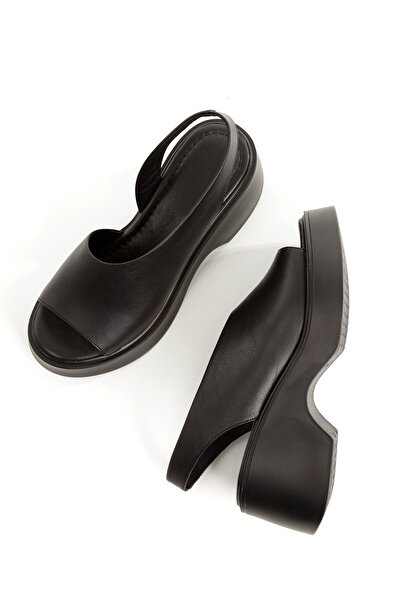 Modabuymus Suma Black Genuine Leather Sandals Asymmetric Wedge Heeled Women's Shoes