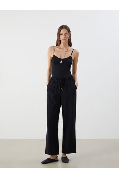 LC Waikiki Black Elastic Waist Wide Leg Women's Trousers