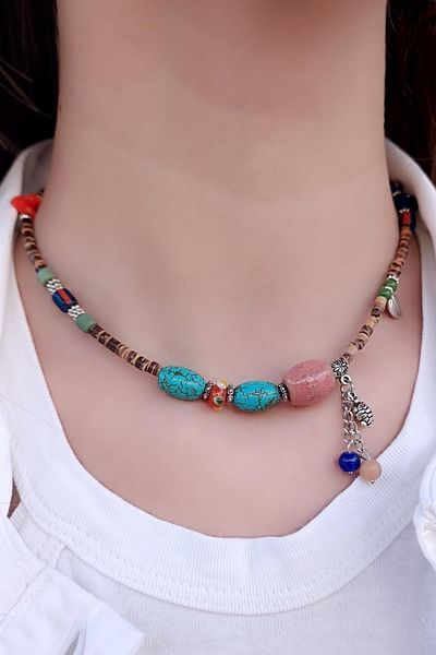Fildişi Aksesuar Ethnic Design Handmade Women's Necklace with Turquoise Natural Stone (45 cm)