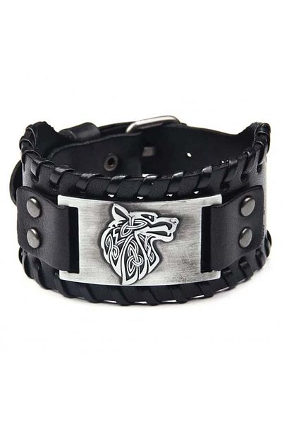 Tessero Braided natural leather bracelet with engraved wolf-shaped pattern plate